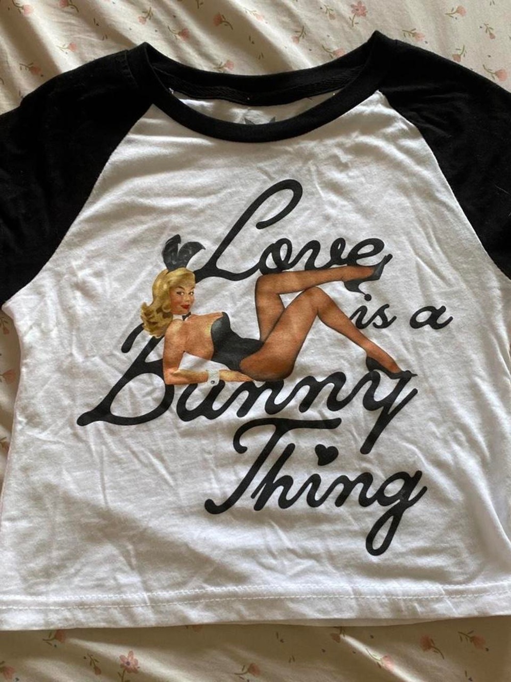 PLAYBOY Black and White Raglan Tee with Pinup Bunny Graphic